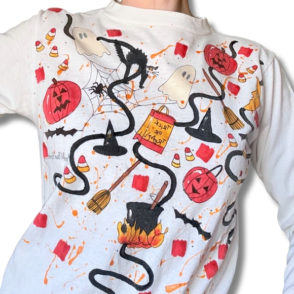 Vintage 80s Halloween Hand-Painted Long Sleeve Tee Made in USA, Med / Sm - Picture 12 of 12